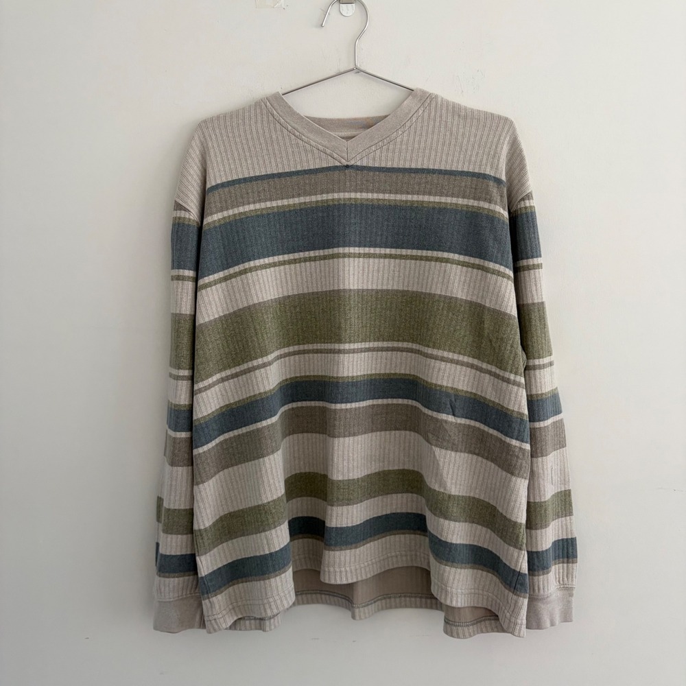 Naturalife Men XXL Striped Ribbed Long Sleeve V-Neck Shirt Tan Green Blue